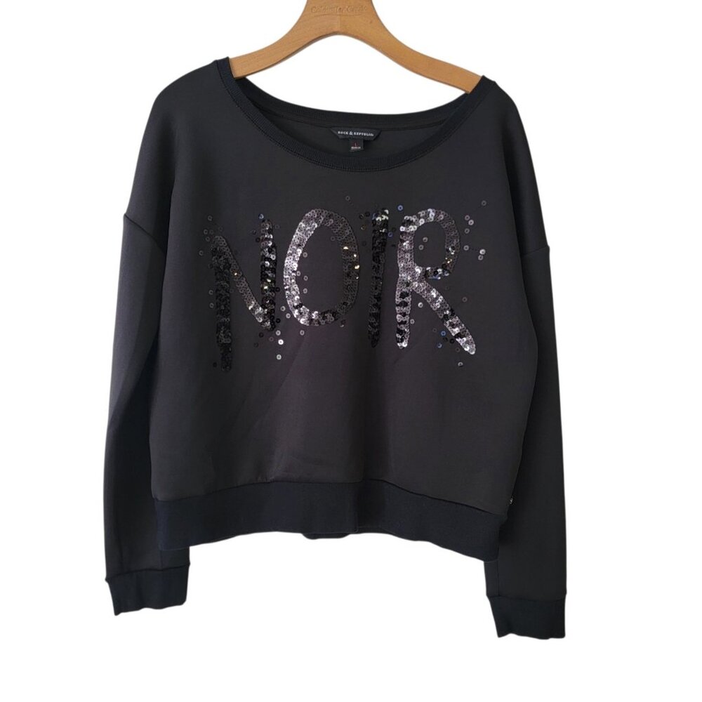 Rock and Republic Pull Over Noir Spellout Bling Sequin Sweatshirt Sz L Black‎